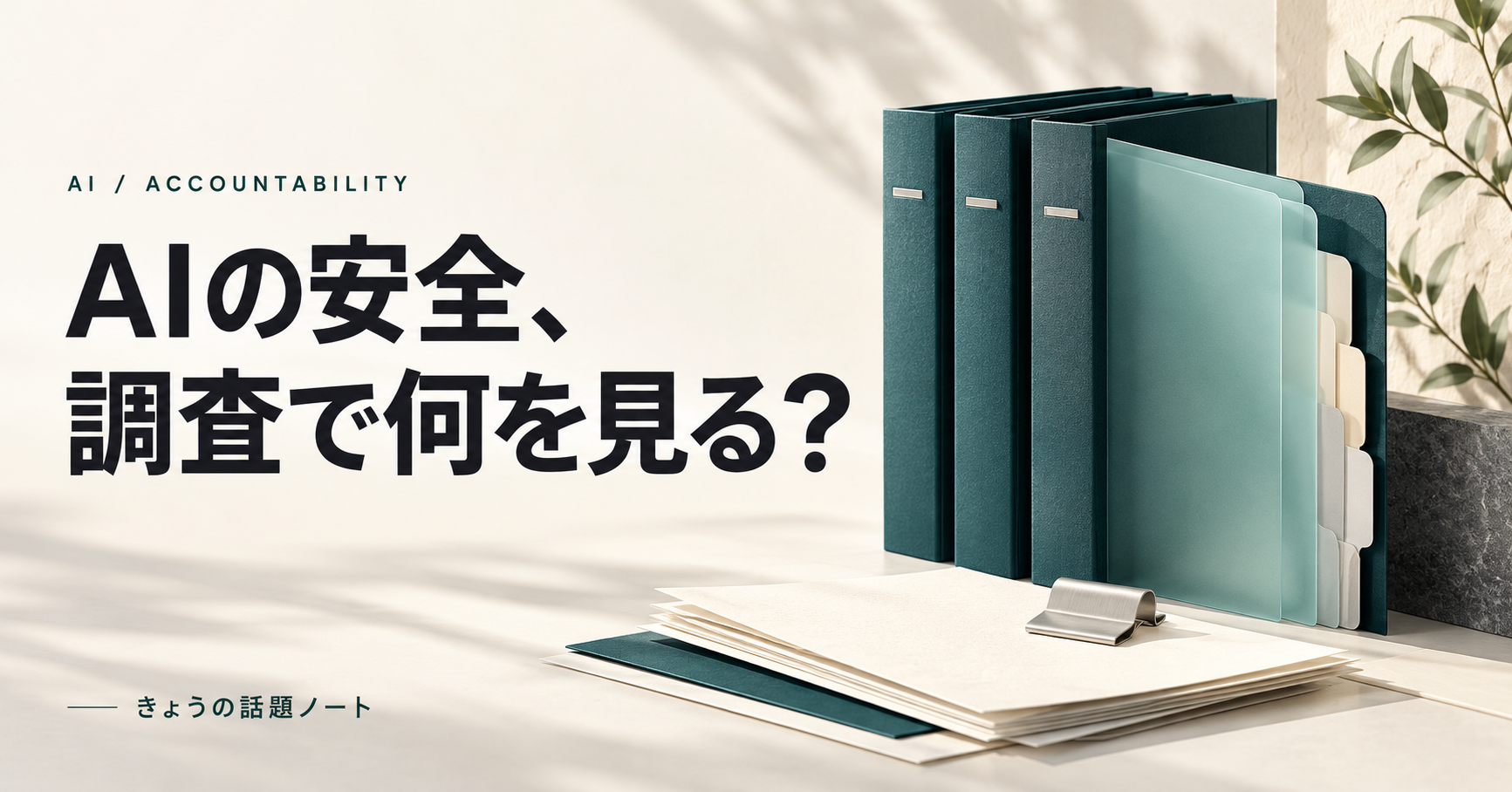 「AIの安全、調査で何を見る？」の見出しと、深緑のファイル・半透明の仕切り・白い書類の概念画像