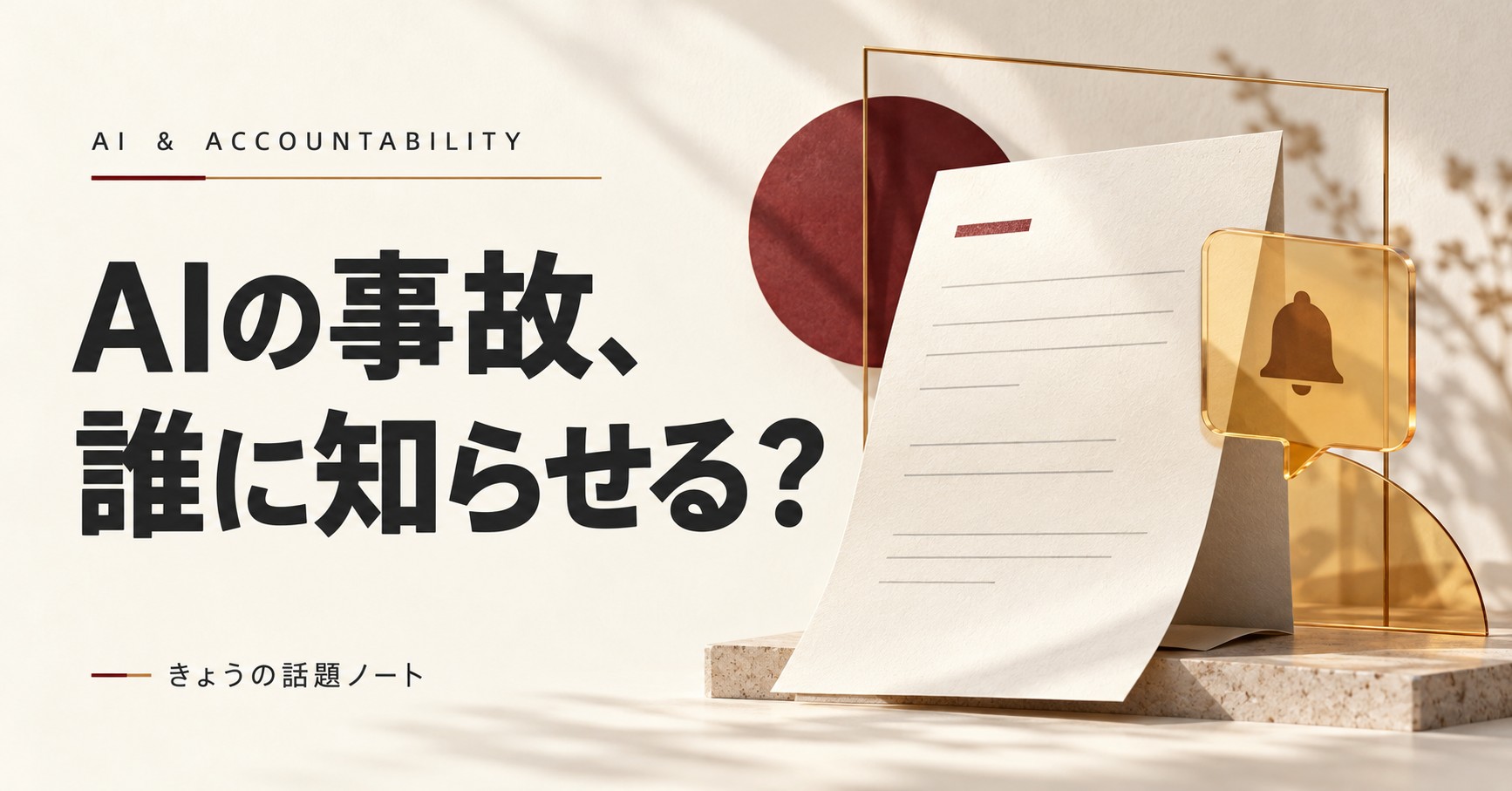 「AIの事故、誰に知らせる？」の見出しと、報告書と通知を表す紙・琥珀色のイメージ