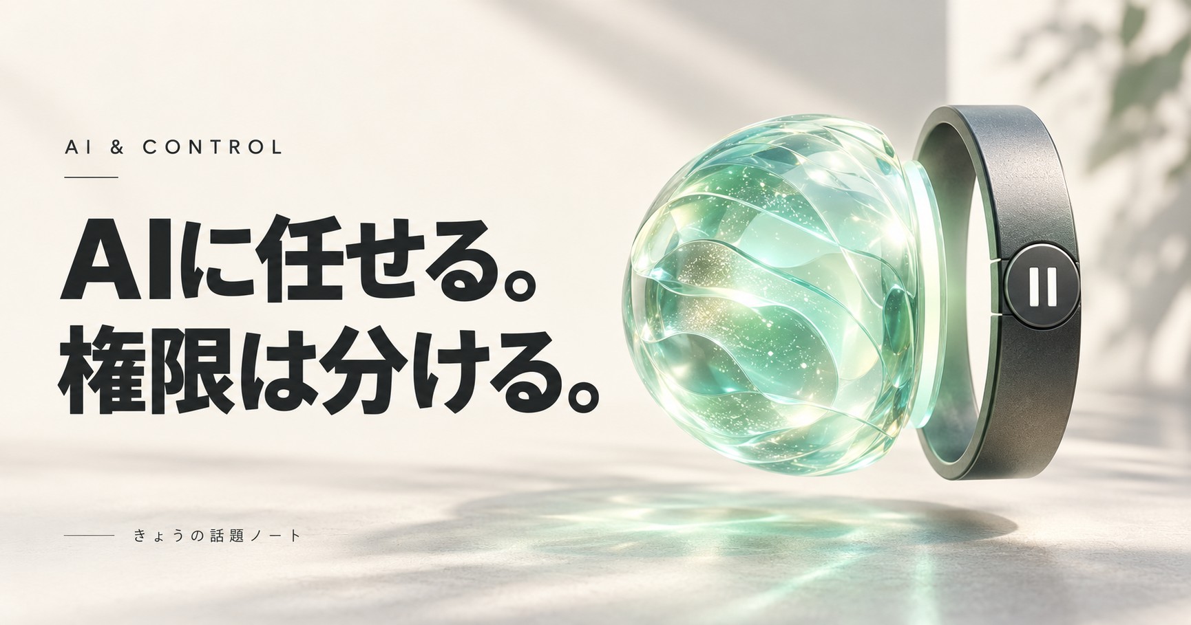 「AIに任せる。権限は分ける。」の見出しと、透明なAIの球体から独立した停止コントロールを表したイメージ