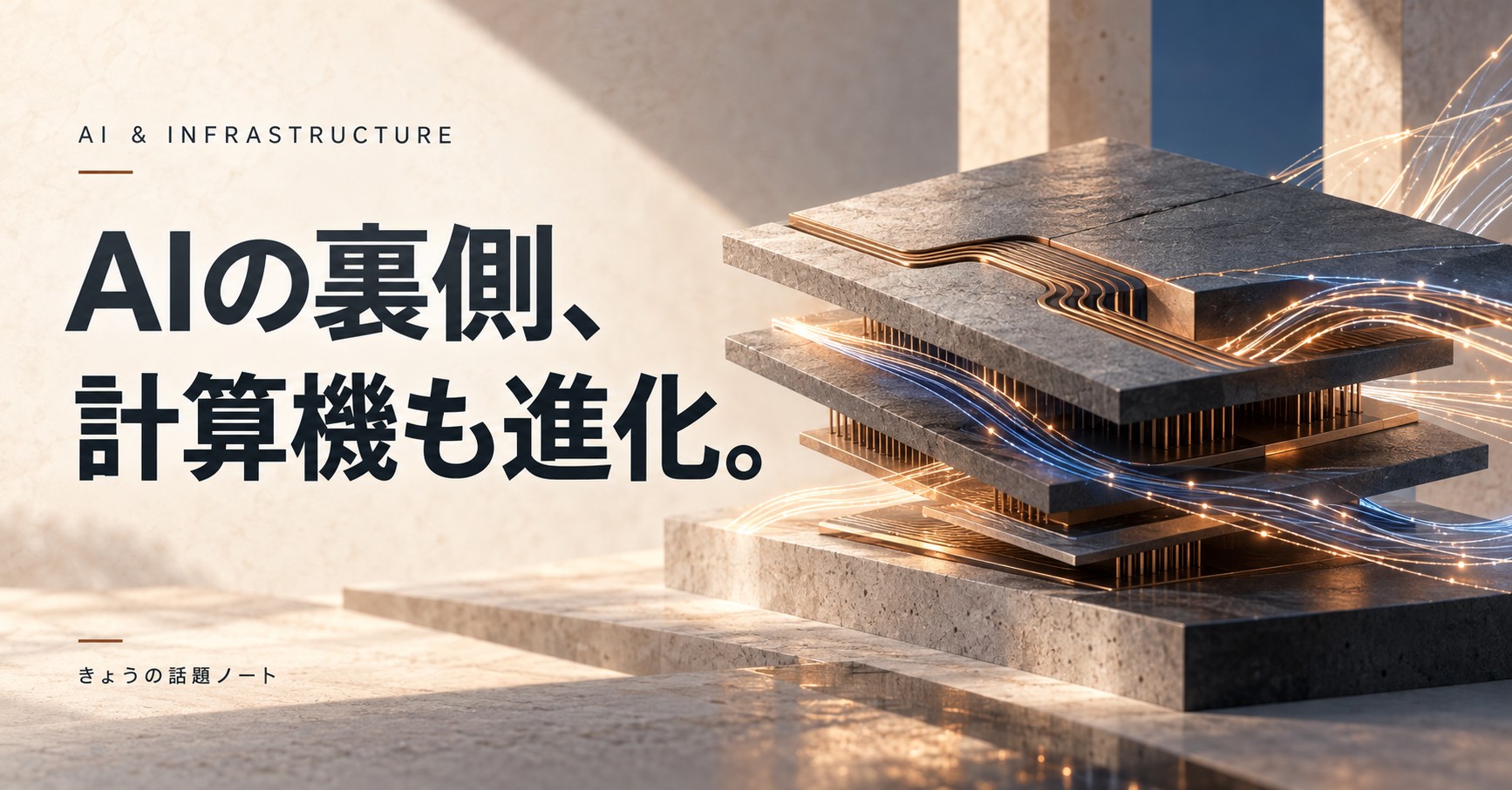 「AIの裏側、計算機も進化。」の見出しと、計算とデータ移動を表す石と銅の層の概念画像