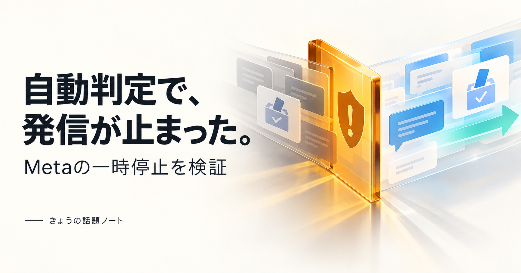 「自動判定で、発信が止まった。」「Metaの一時停止を検証」の見出しと、通信を遮る自動防御ゲート、再開するメッセージの流れを描いた概念画像