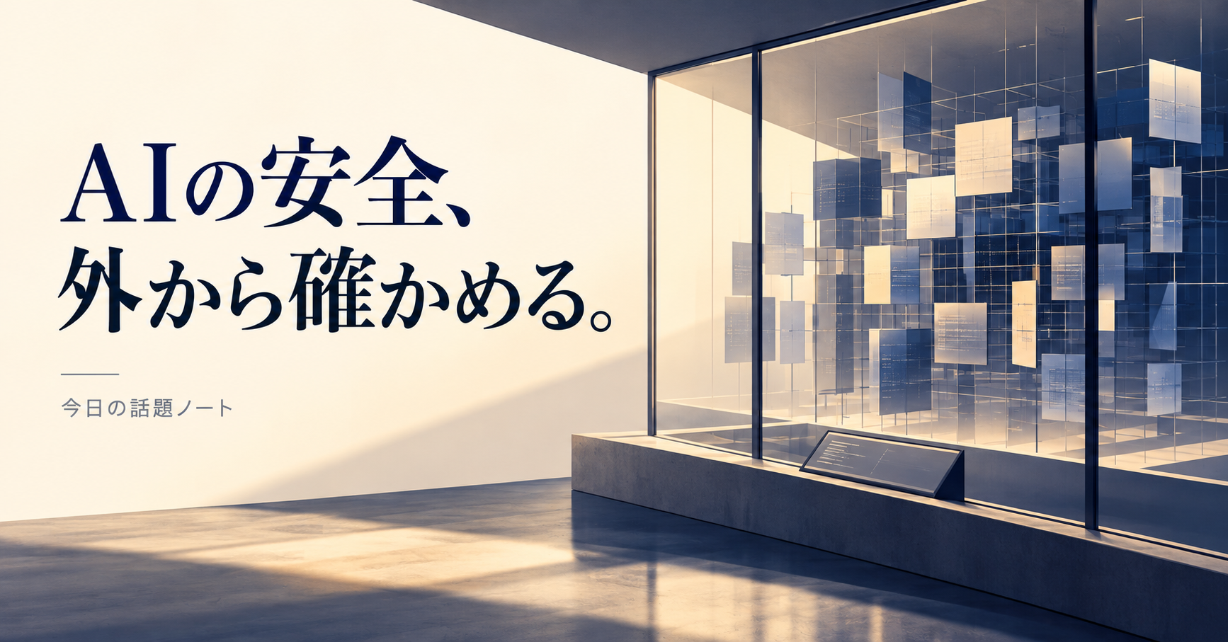 「AIの安全、外から確かめる。」の見出しと、透明な観察窓の向こうに抽象的なパネルが並ぶ概念画像