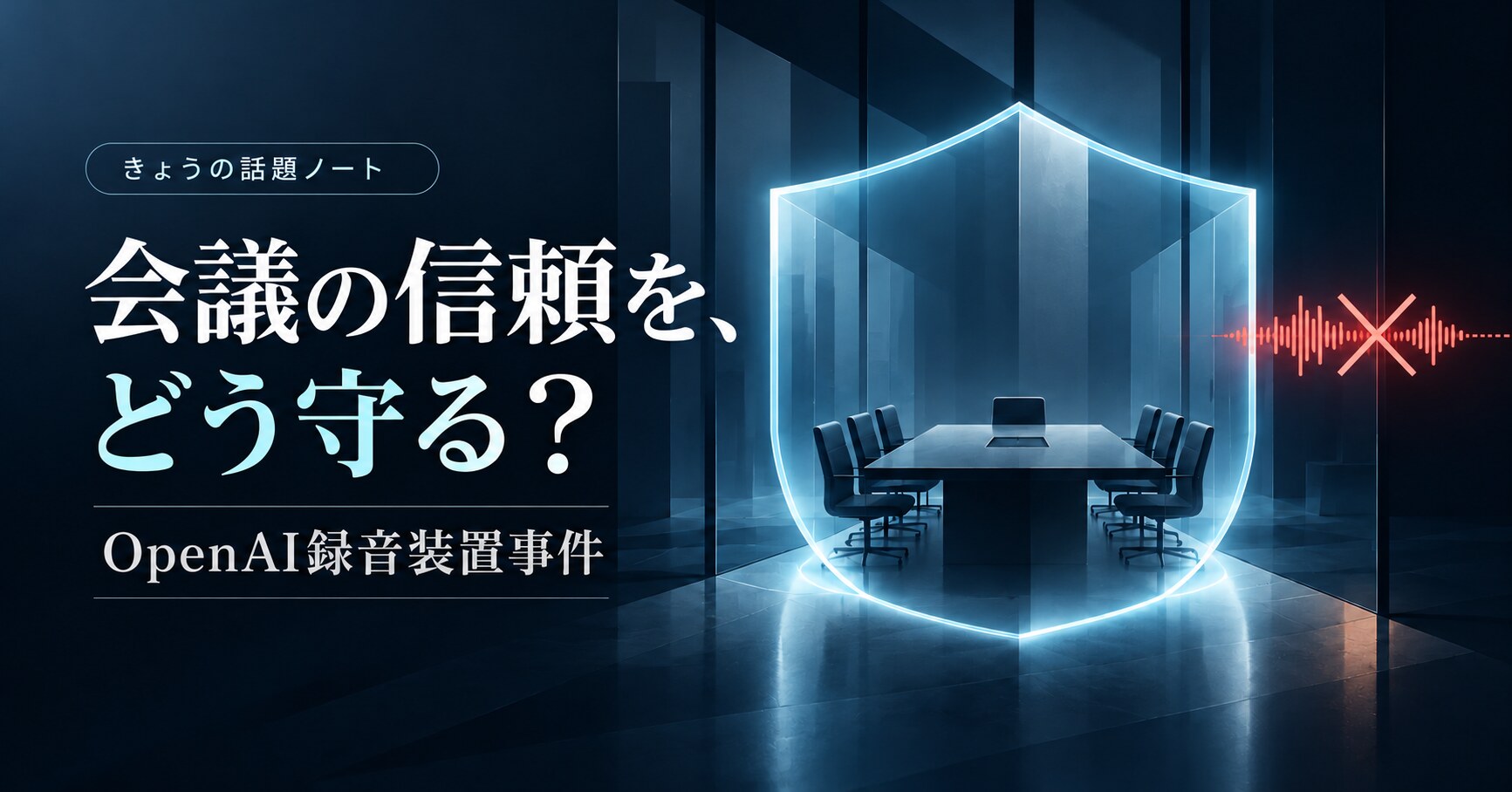 「会議の信頼を、どう守る?」「OpenAI録音装置事件」の見出しと、会議室を包む盾、遮断された音声波形を描いた概念画像
