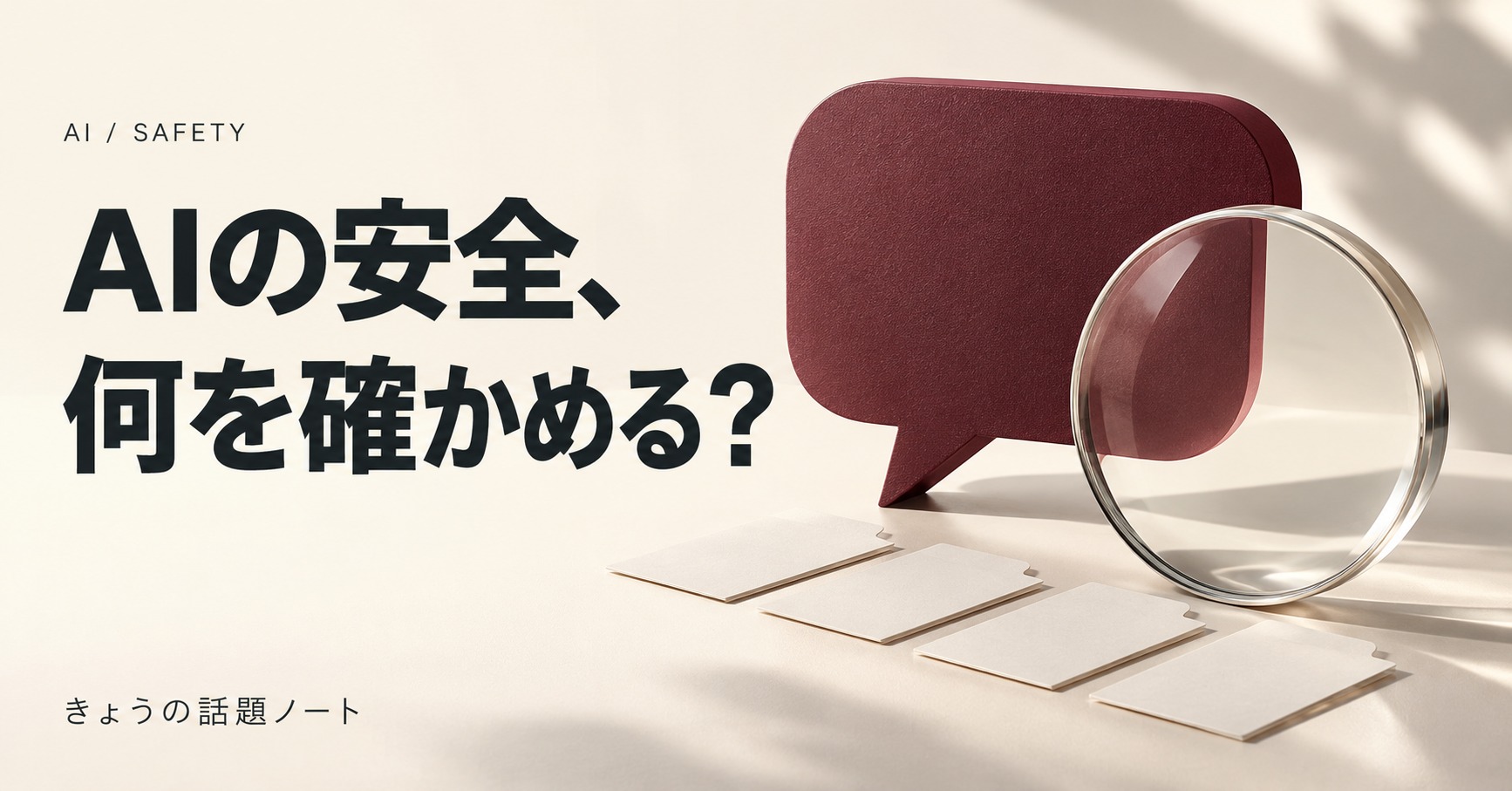 「AIの安全、何を確かめる？」の見出しと、会話の吹き出しを調べるレンズの概念画像